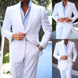Pakken witte elegante mannen passen mode peak revers reveed single breasted mannelijk pak casual zakelijk bruiloft smoking pak slank 2 -delige 2024