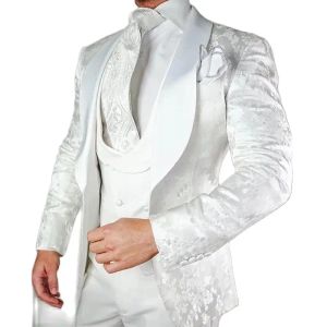 Trajes Esmoquin de boda floral blanco para el novio Trajes de hombre de corte delgado de 3 piezas con solapa de chal de satén Chaleco de chaqueta de traje de moda masculina personalizado