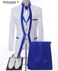 Costumes Blanc Royal bleu Blazer pantalon jante scène vêtements pour hommes costume ensemble mâle smoking marié mariage vêtements de cérémonie 3 pièces veste + pantalon + gilet