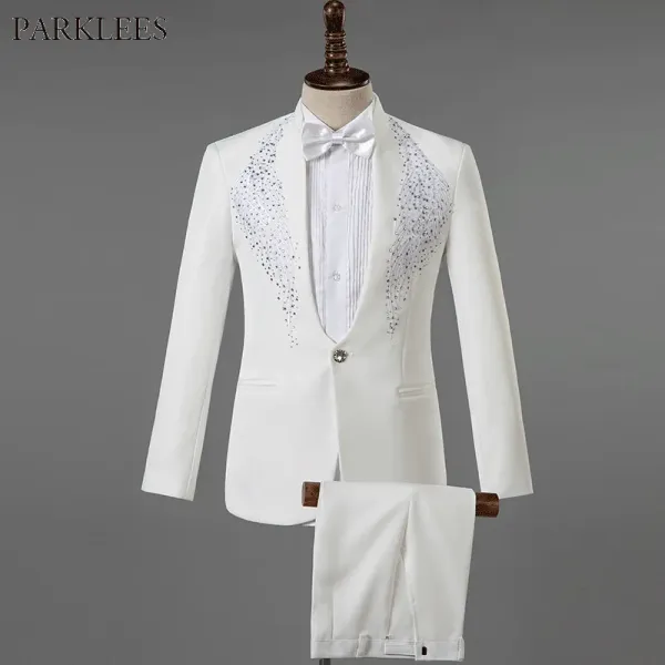 Trajes Traje blanco para novio de boda, traje para hombre, traje para hombre, boda 2020, elegante bordado de diamantes, esmoquin ajustado, trajes para hombre, con pantalones