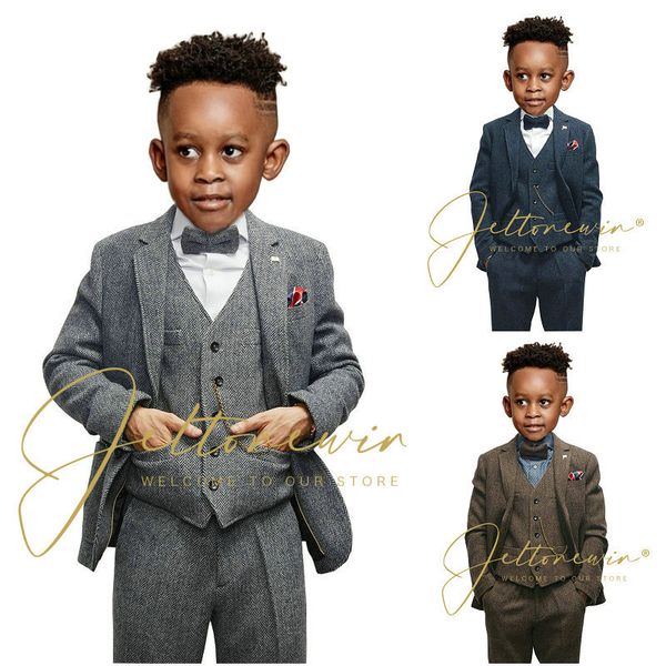 Costumes Hiver Gris Tweed Boy Herringbone Classique Laine Notch Revers Enfants Mariage Tuxedo Garçons 3 Pièces Blazer Ensemble Slim Fit Costume 230830