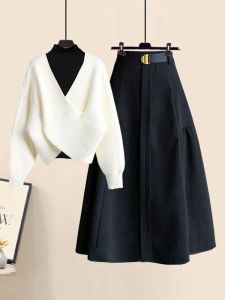 Trajes de invierno para mujer, ropa de oficina para mujer, camisas básicas elegantes de cuello alto + suéter de punto cruzado + conjuntos de faldas Aline de lana de cintura alta