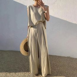 Pakken Vrouwen Katoen Linnen Pakken Zomer Mode Mouwloze ONeck Tank Top Wijde Pijpen Broek Pak Vrouwelijke Casual Solid Pocket Oversize Pakken