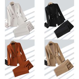 Trajes para mujeres Blazers Fashion Ladies Pantra Pantra Tray Formal Oficina de trabajo de negocios Blazer y pantalón Beige Negro Caki 2 piezas Juego con bolsillo 230225 305