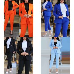 Costume des pantalons formels de femme bleue pour femmes dans un ensemble de vestes Blazers à double poitrine à double secteur élégant 2 pièces 231019 Bussess S 31019