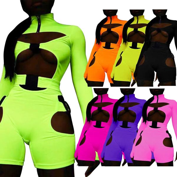 Costume pour femmes Bodycon Budle High Neck Jumps Suit Long Manches Sexy Hollowing Out Romper Club Hot Club Wear Nightclub Clothing Slug Onepiece S