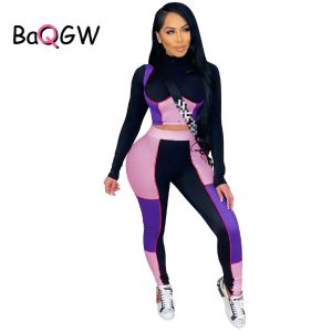 Costumes femmes Sexy couleur bloc entraînement correspondant ensembles automne à manches longues haut court maigre taille haute Leggings tenues pour femmes vêtements