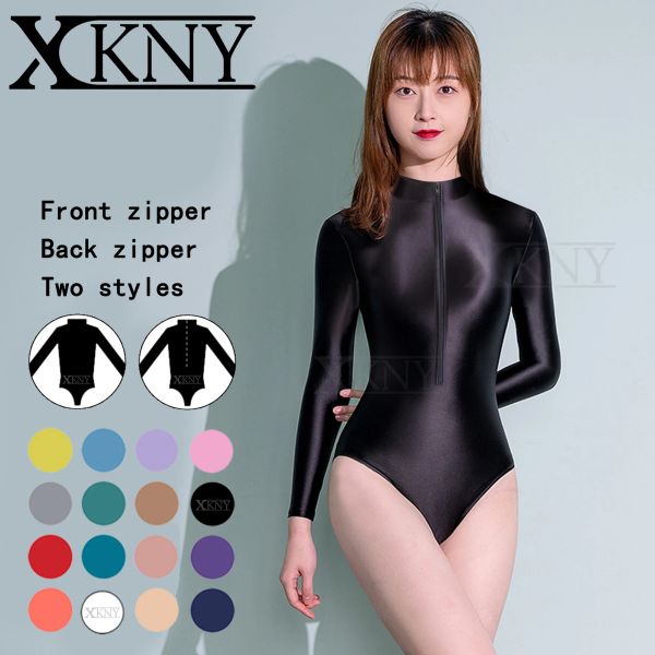 Costumes XCKNY maillot de bain une pièce femmes sexy serré avant fermeture éclair arrière deux styles fente haute sexy brillant à manches longues maillot de bain bas manteau