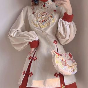 Trajes Xgoth nuevo estilo chino vestido modificado mujeres año nuevo chino cheongsam vestido patchwork rojo vestido largo chal de felpa individual / 2 piezas