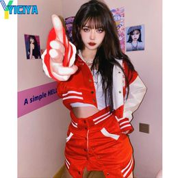 Trajes YICIYA Bomber Woman Varsity Jacket Abrigo rojo y falda Chaquetas de béisbol americanas Vintage 2022 Summer Bombers Abrigos Conjunto de dos piezas