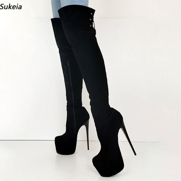 Sukeia fait à la main femmes sur les bottes au genou plate-forme cachée talons aiguilles bout rond élégant noir chaussures de fête dames taille américaine 5-20