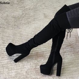 Sukeia, botas por encima de la rodilla hechas a mano para mujer, plataforma, tacón grueso, punta redonda, elegantes zapatos de fiesta negros, señoras de talla grande de EE. UU. 5-20