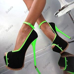 Sukeia Handmade Women Pumps Ankle Strap Peep Toe Sexy Stiletto Heels Yellow Green Party Shoes Ladies plus ons maat 5-20
