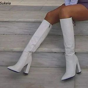 Sukeia Handgemaakte Vrouwen Winter Knie Laarzen Kunstleer Dikke Hakken Puntschoen Witte Partij Schoenen Dames Amerikaanse Maat 5-15