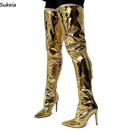 Sukeia, botas de invierno hechas a mano para mujer, con cremallera completa, tacones finos sexys, puntiagudos, zapatos de Cosplay dorados y plateados para mujer, tallas de EE. UU. 5-15