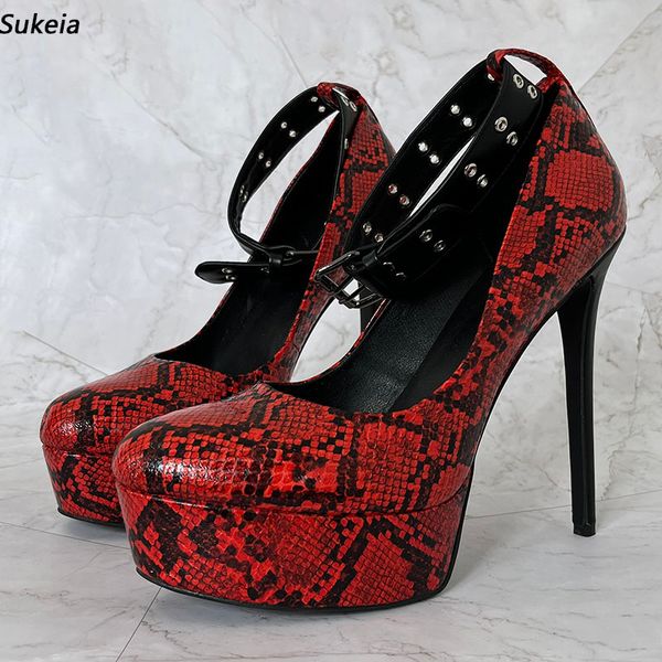 Sukeia nouvelle mode femmes pompes motif serpent bout rond Sexy talons aiguilles jolie rouge chaussures de fête dames Plus taille américaine 5-20