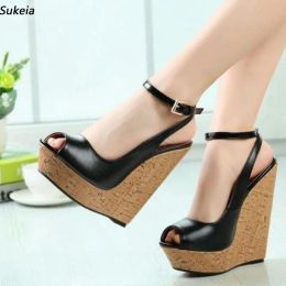 Sukeia fotos reales sandalias de plataforma de verano para mujer cuñas tacones altos punta redonda elegantes zapatos de fiesta negros señoras talla grande 5-20