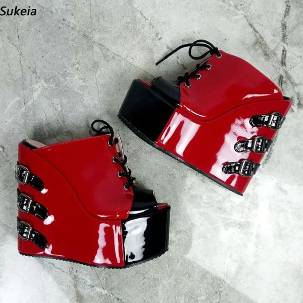 Sukeia vraies Photos femmes été plate-forme Mules sandales compensées talons hauts bout rond belles chaussures de fête rouge dames taille américaine 5-15