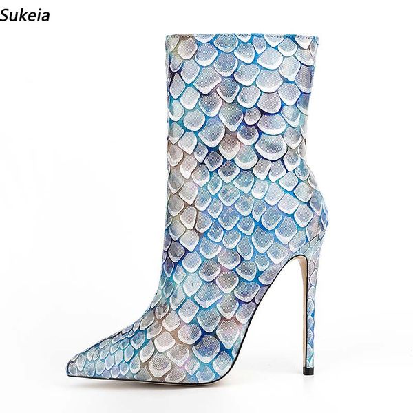 Sukeia femmes hiver bottines imprimé écaille de poisson bout pointu Sexy talons aiguilles bleu clair chaussures de fête dames taille américaine 5-12