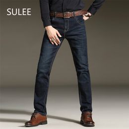 Sulee Brand Jeans Stretch pour hommes Mode Simple Casual Pantalon d'affaires Slim Fit Jambe droite Denim lavé moyen 210723