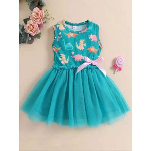 Zomer 1-5 jaar Little Princess Clothing Baby Mouwloze dinosaurusprint Mesh Dress For Kids Girl Party L2405