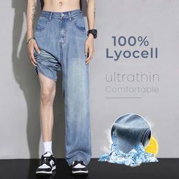 Verano 100% lyocell acogedor jeans hombres tela suave de la cintura elástica pantalones de mezclilla ropa masculina coreea holgada heterosexuales pantalones casuales 240515