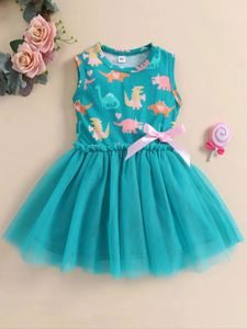 Zomer 15 jaar Little Girl Princess Dress kleding Kleding Baby Mouwloze dinosaurusprint Mesh For Kids Party 240428