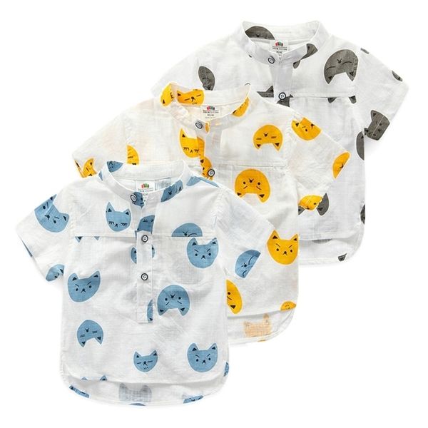 Ropa de verano para niños de 2 a 10 años, camisa de manga corta con estampado de gato y cuello mandarín chino de algodón para bebés y niños 210701