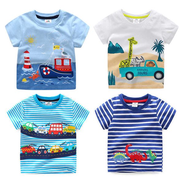 Verano 2-10T Ropa de cumpleaños para niños Dinosaurio Coche Estampado a rayas Manga corta Tops básicos Camiseta de dibujos animados para niños Boy 210701