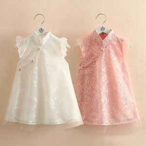 Été 2-6 7 8 10 ans de style chinois col ras du cou manches volantes fête bébé maille princesse en mousseline de soie Cheongsam robes pour enfants pour les filles 210529