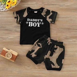 Été 2 pièces bébé enfant en bas âge garçon lettre imprimé camouflage t-shirt et short ensemble vêtements 210528