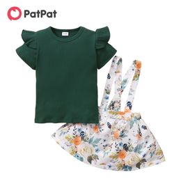 Été 2 pièces bébé / enfant en bas âge fille t-shirt et robe à bretelles imprimée ensemble 210528