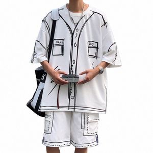 zomer 2-delige herensets shorts en t-shirts grappig handgeschilderd hiphop streetwear kostuum jongens oversize outfits voor mannen zwart J2UH #