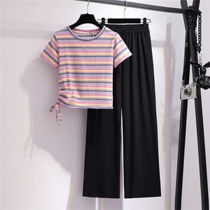 Zomer 2 stuk Set Vrouwelijke Mode Roze Streep T-shirt Top + Black Wide Pen Broek Koreaanse Vrouwen Casual Suit 210519