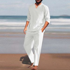 Summer 2 piezas/set de algodón de algodón de algodón Conjunto de pantalones con cuello en V de manga larga Juego de ropa de ropa de playa para hombres casuales 240508