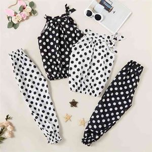 Zomer 2-delige trendy polka dots top en broek sets meisje polyester elastische taille pakken 210528