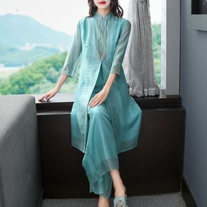 Zomer 2 stuks Chinese vintage sets hoge kwaliteit vrij verbeterde qipao top + broek losse borduurwerk vrouwelijke cheongsam tweedelige jurk