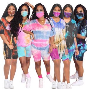 Summer 2 Pièces en deux pièces Tie Tie Dye Set Tracksuit Casual Tracksuis avec Face Mask Women Clothes Short à manches Tshirt Plus taille3740598