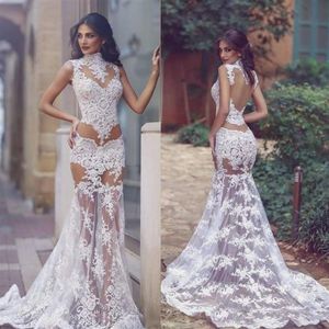 Été 2019 Sexy Transparent Robes De Mariée Col Haut Sirène Dentelle Illusion Corsage Sheer Jupe Longue Mariage De Mariée Première Nuit Dr2427