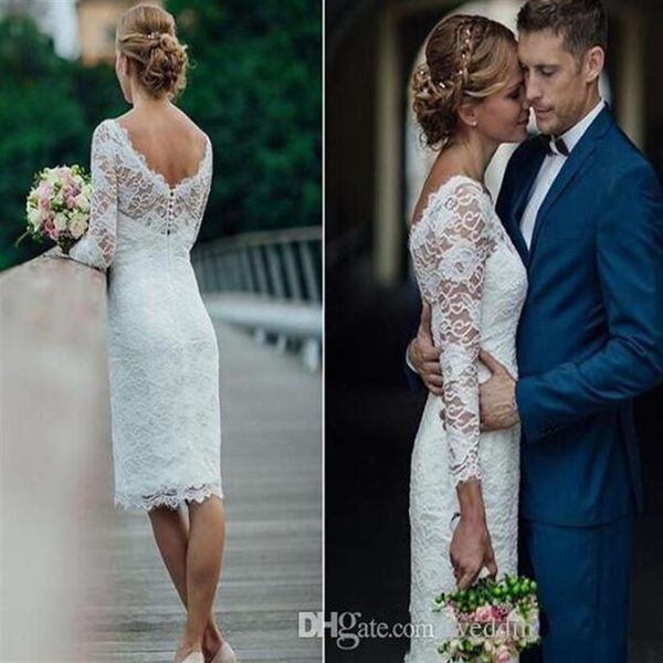 Été 2019 Vintage Robes De Mariée Courtes Longueur Au Genou Simple Gaine Courte Robes De Mariée Plage Robes De Mariée286k