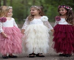 Été 2020 Jewel Neck Bohemian Lace Tutu Flower Girl Robes Girl Long Manches courtes enfants Robe de communion d'anniversaire Boho Pa4336690