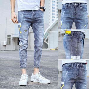Zomer 2021 Koreaanse tieners stretch slim-fit jeans mannen gescheurd casual lichtkleurige merk enkel lengte broek G0104
