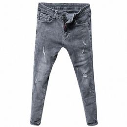 Summer 2021 Pantalon de longueur de cheville déchiré pour hommes à la mode Pantalon de couleur claire Style coréen Slim-Fit Hommes Adolescents Denim Jeans T4DX #