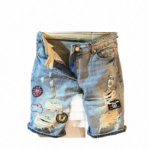 Été 2022 Shorts en denim Pantalons courts décontractés Les trous déchirés pour hommes font de la vieille broderie patch à basse hauteur jeans denim pour hommes 59Z4 #