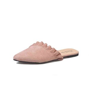 Zomer 2022 slippers dames platte hakken puntige ruche gewikkeld suède muller schoenen bodem dames sandalen slippers voor vrouwen 220624