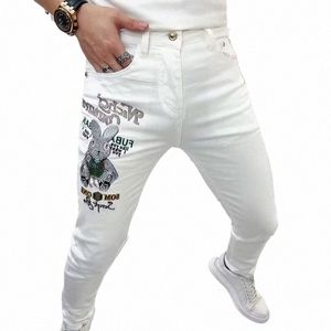 Zomer 2023 Fi Luxe Koreaanse Cott Witte Kleur Slanke Jeans Voor Mannen Met Geborduurd Konijn Ontwerp Kpop Skinny Jeans man K5Ua #