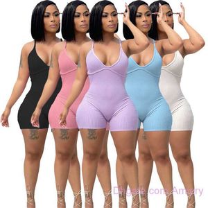 Été 2023 Femmes Vêtements Combinaisons Combinaisons Combinaisons Jarretelles Sans Manches Haute Qualité Pit Strip Côtelé Solide Femme Combinaison Dames Shorts Body