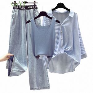 Zomer 2023 Dameskleding Outfit Dames Casual Los Shirt Vest Wijde Pijpen Denim Broek 3 Delige Sets Fi Letter Jeans blouse 459O #