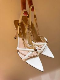 Été 2024 Luxury Gianvito Rossi Leather Stiletto Sandals Chaussures Golden Chain Side Stracts Femmes Pumps Points Party Party Mariage Dame High Heels EU35-41