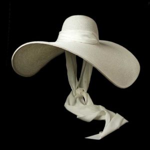 Zomer 25 cm Big Brim Straw Hat White Strappy Ribbon Sun Outdoor Beach Cap Travel Zonnebrandcrème Grote groothandel brede hoeden
